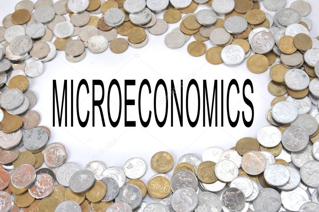 microeconomics word on white blank with framing Indonesian coins money
