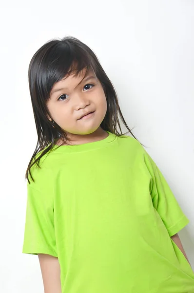 Expression Asian Little Girl Green Clothes — Stock Photo, Image