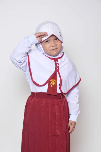 Uttryck Asiatisk Liten Flicka Med Grundskola Uniform — Stockfoto