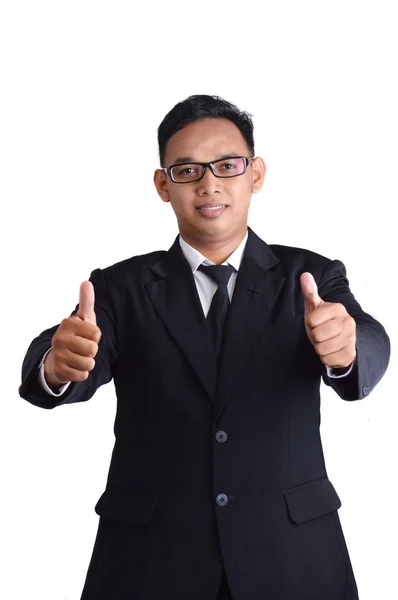 Asiatisk Man Affärsman Kostym Göra Två Tummen Vit Bakgrund — Stockfoto