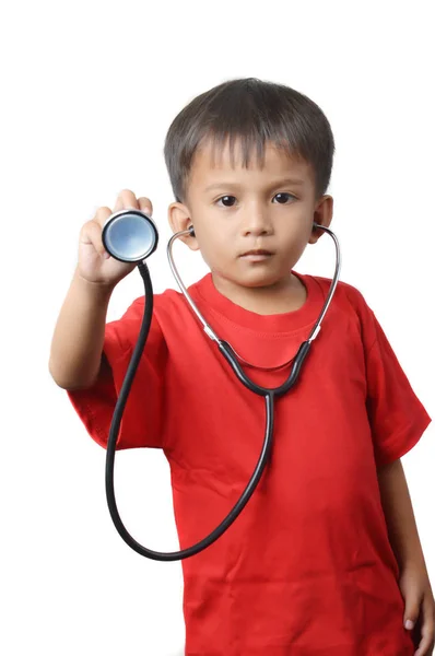 Asiatisk Liten Pojke Klädd Röda Tröjor Håller Ett Stetoskop Med — Stockfoto