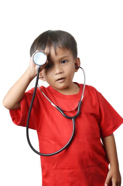 Asian Little Boy Dressed Red Shirts Holding Stethoscope White Background — Stock Photo, Image