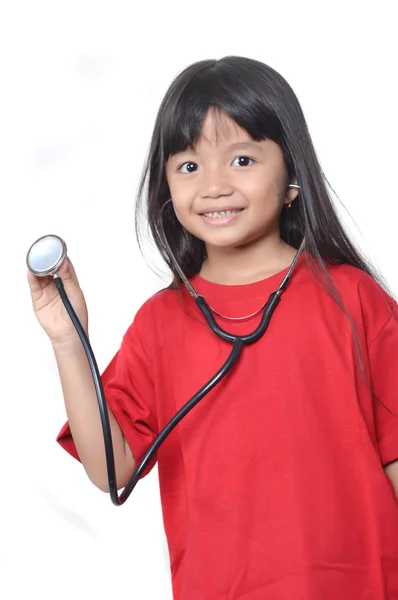 Asian Little Girl Dressed Red Stethoscope — Stock Photo, Image