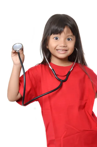 Asian Little Girl Dressed Red Stethoscope — Stock Photo, Image