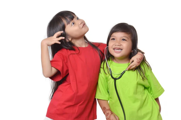 Deux Asiatique Petite Fille Jouer Avec Stéthoscope — Photo