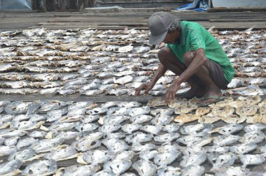 Tarakan, Endonezya - 12 Ekim 2017: Pasar Ikan Sebengkok Tarakan Endonezya 'da kurutulmuş balık çiftliği 
