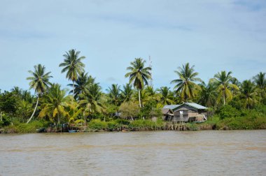 Borneo Endonezya nehrinin panoramik köyü