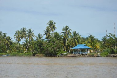 Borneo Endonezya nehrinin panoramik köyü