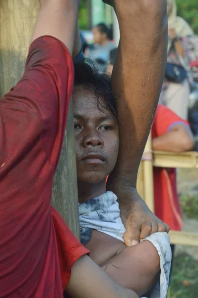 Tarakan Indonesien Verbindung Setzen August 2019 Panjat Pinang Kletterwettbewerb Mit — Stockfoto