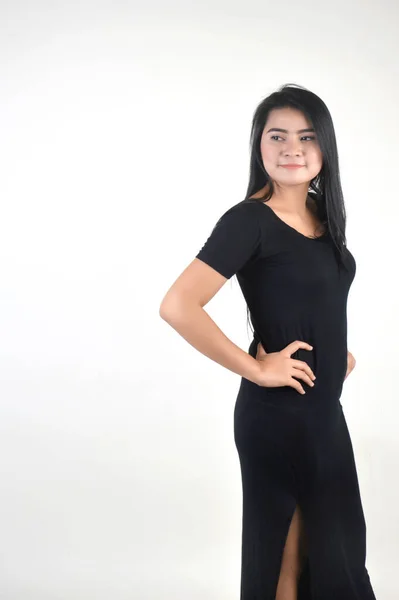 Portrait Beautiful Asian Girl Dressed Black Photo Shoot White Background — Stock Photo, Image