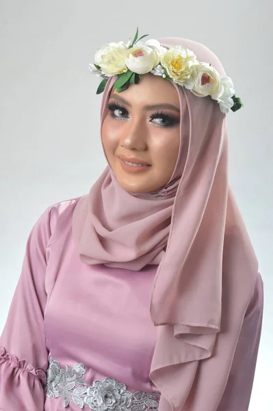 Portrait Beautiful Muslim Asian Girls Wearing Pink Muslim Shirt Flower — Stock Photo, Image