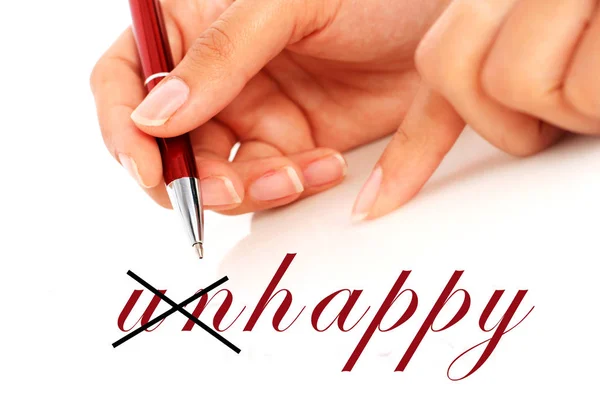 Hand Schrijft Woord Gelukkig Rode Pen Hand — Stockfoto