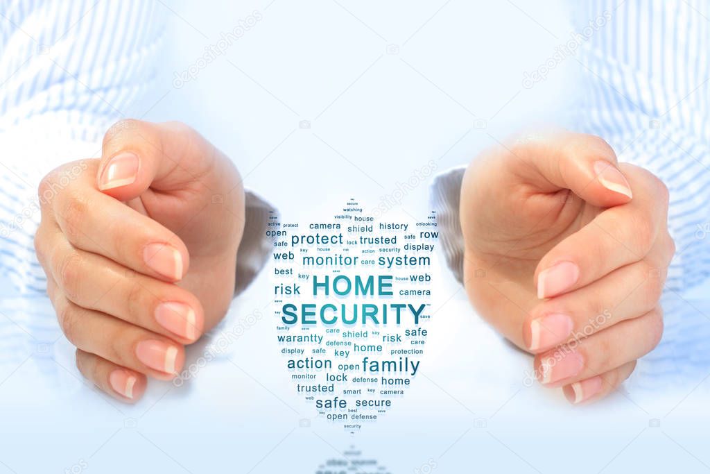  Home security concept. Cloud of security tags.