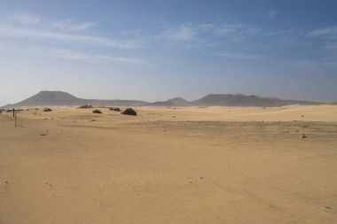 Sarı kum tepeleri ve parlak mavi gökyüzü 