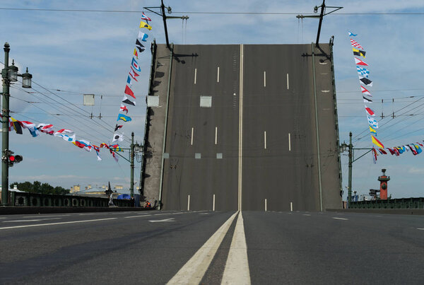 Открытый мост в Петербурге в дневное время
