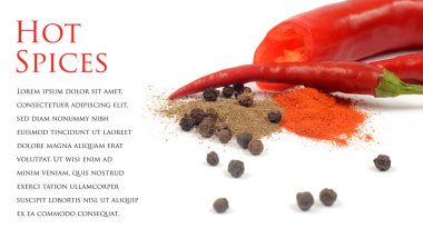 Beyaz arka planda kırmızı biber ve baharat fotoğraflanmış.