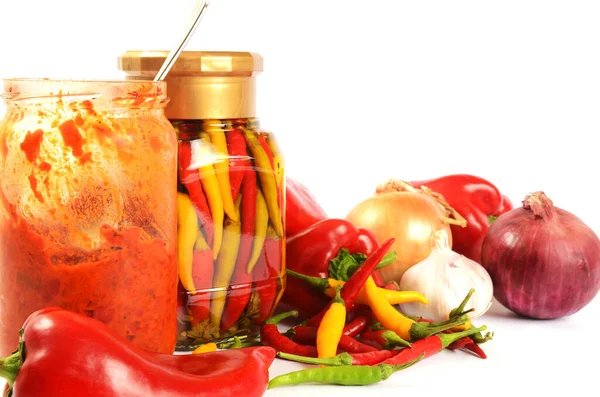 Vegetables and pickled chilis in a glass — Stock Image Vegetables Pickled Chilis Glass Royalty Free Stock Photos