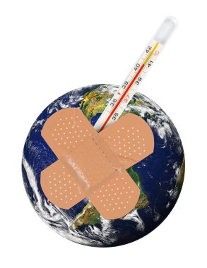 Sargı bezi ve termometreyle hasta dünya. Bu görüntünün elementleri NASA tarafından desteklenmektedir.