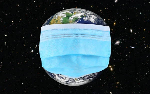 Planet Earth with surgical mask and the background is open space. Elements of this image were furnished by NASA.
