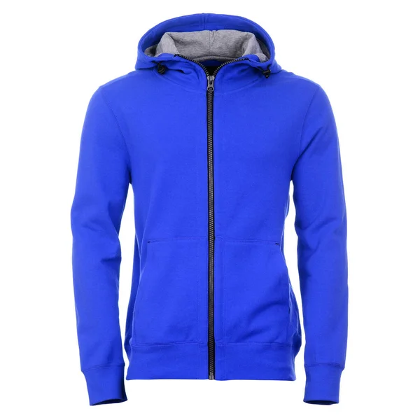 Beyaz arkaplanda mavi erkek kazağı var.