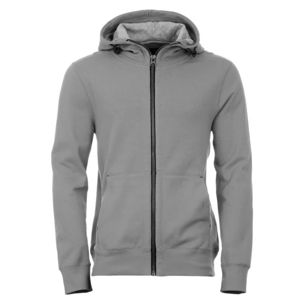 Beyaz arkaplanda gri erkek kazağı var.