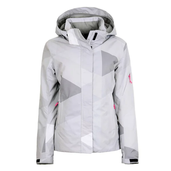 Beyaz arka planda izole edilmiş gri kapüşonlu kadın ceketi.