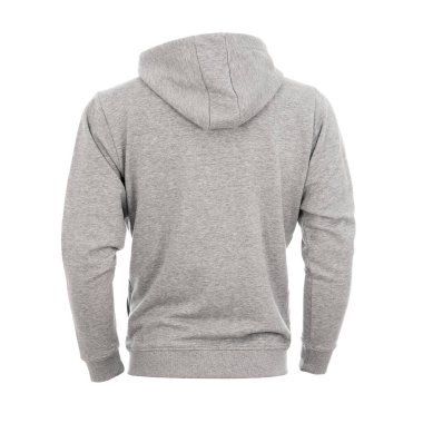 Gri tişörtlü adam arkadan fotoğraflanmış ve beyaz arka planda izole edilmiş.