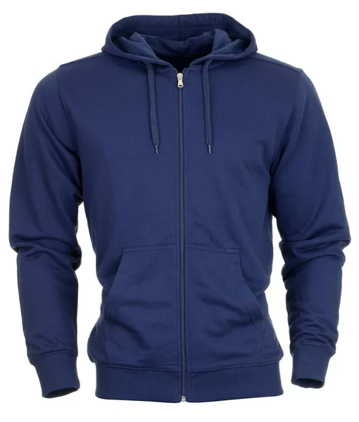 Beyaz arkaplanda mavi erkek kazağı var.