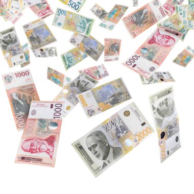 Sırp parası gökyüzünden düşüyor, beyaz arka planda