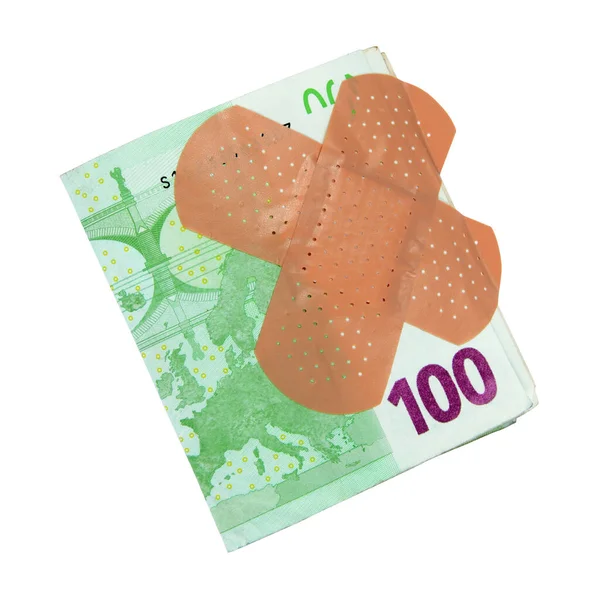 100 Euros Con Una Tirita Aislada Sobre Fondo Blanco — Foto de Stock
