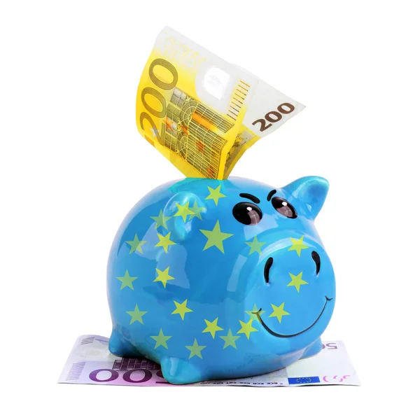 Blue Piggy Bank Euro Money Flag Isolated White Background Stock Photo