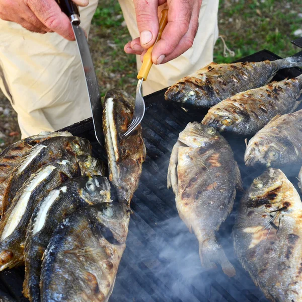 Chef Grills Fish — Stock Photo, Image