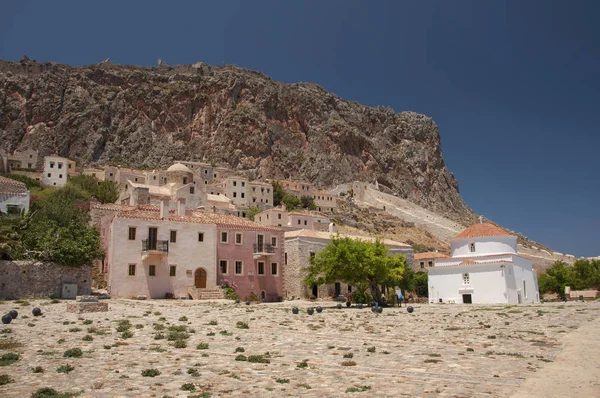 Platå Dolda Town Monemvasia Från Medeltida Tid Placeras Halvön Rock — Stockfoto