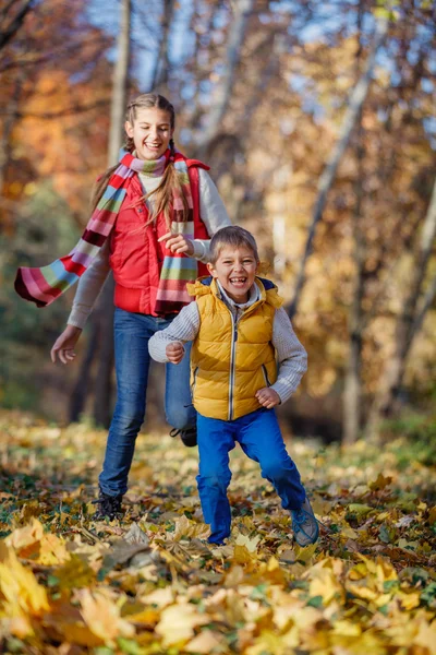 Bambini si divertono nel parco autunnale — Foto Stock