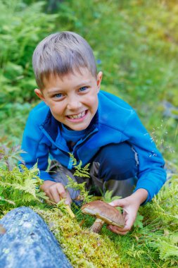 Çocuk ormanda bulunan yabani mantar ile