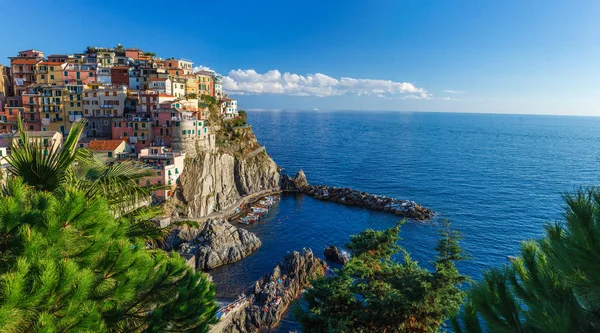 Wunderschönes panorama der manarola stadt. ist eines von fünf berühmten farbenfrohen Dörfern des Cinque Terre Nationalparks in Italien. — Stockfoto
