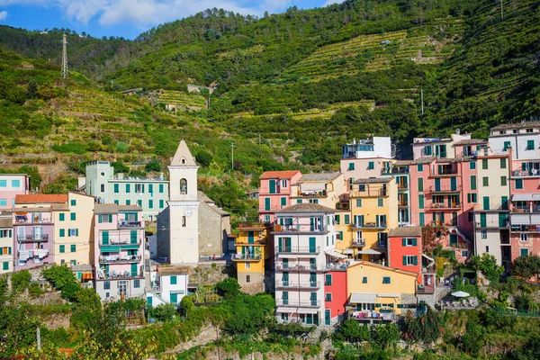 Blick auf die bunten Häuser entlang der Hauptstraße an einem sonnigen Tag in Riomaggiore. — Stockfoto