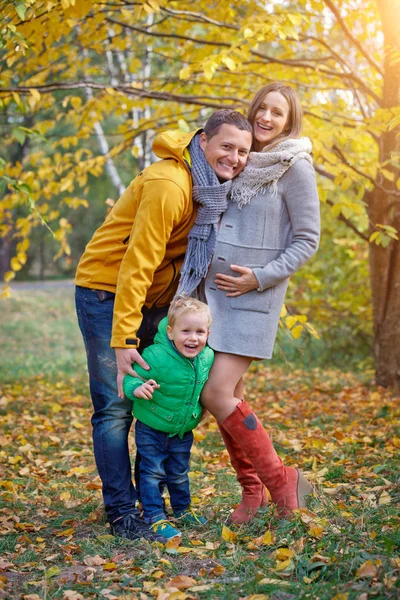 Famiglia felice che gioca nel parco autunnale — Foto Stock