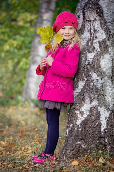 Aranyos lány játszik az őszi levelek park — Stock Fotó