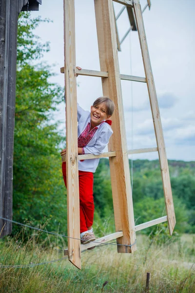 Ukraynalı işlemeli tişörtlü küçük çocuk.