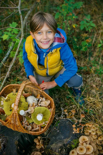 Carino ragazzo con fungo selvatico trovato nella foresta — Foto Stock