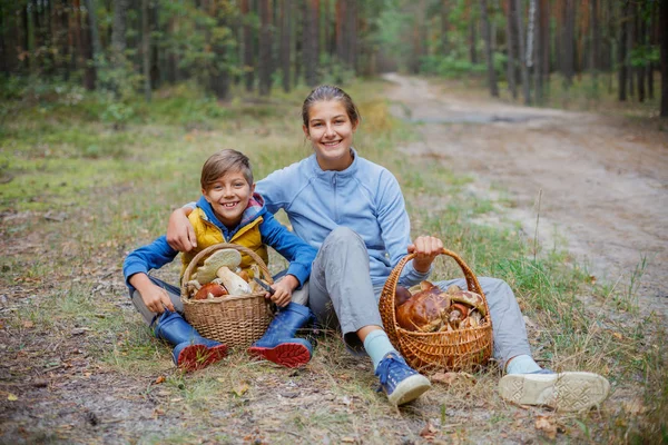 Cueillette de champignons, saison des champignons - de beaux enfants avec cueillette de champignons comestibles frais — Photo