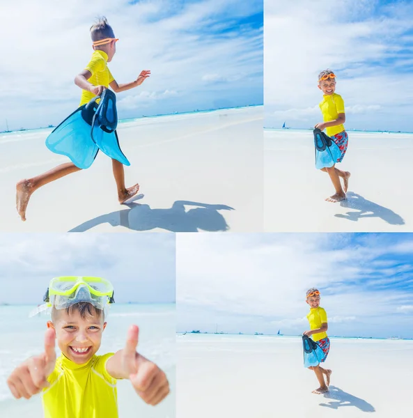 Colagem de Menino se divertindo na praia tropical do oceano. Criança durante as férias em família . — Fotografia de Stock