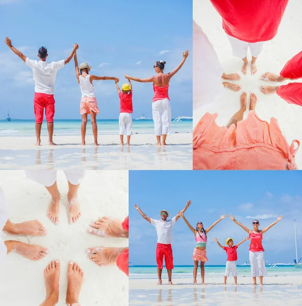 Коллаж семьи из четырех человек, веселящихся на пляже — стоковое фото