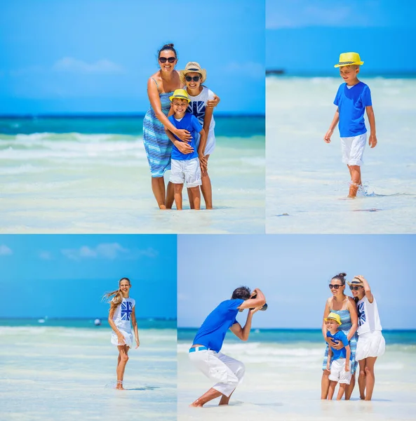 Collage av familjen av fyra att ha kul på stranden — Stockfoto