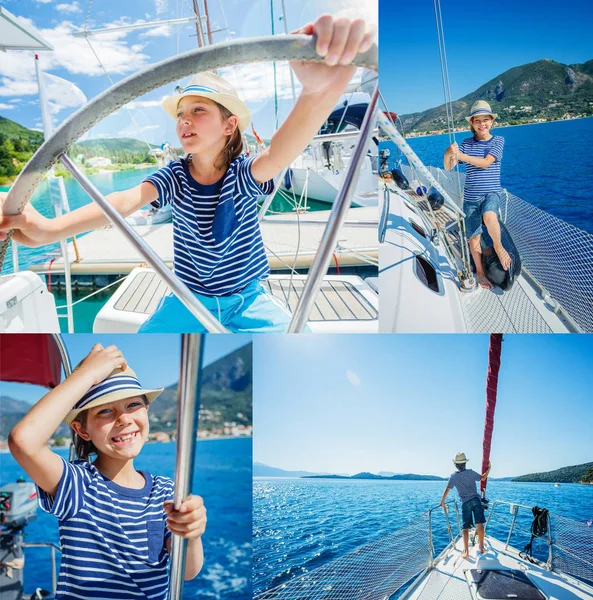Колаж маленького хлопчика на борту вітрильної яхти на літньому круїзі. Подорожі пригоди, яхтинг з дитиною на сімейні канікули . Стокове Зображення