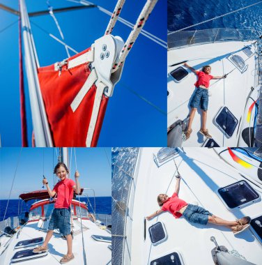 Kolaj yelkenli yat yaz küçük çocuk gemide yolculuk. Seyahat macera, çocuk ile ailecek tatile Yatçılık.