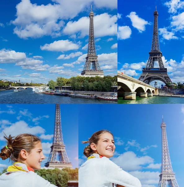 Κολάζ από εικόνες όμορφο κορίτσι στο Παρίσι με τον Πύργο του Άιφελ — Φωτογραφία Αρχείου