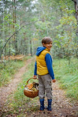 Sevimli çocuk ormanda bulunan yabani mantar ile
