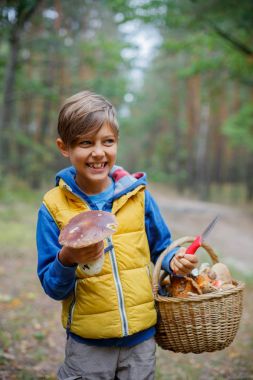 Sevimli çocuk ormanda bulunan yabani mantar ile